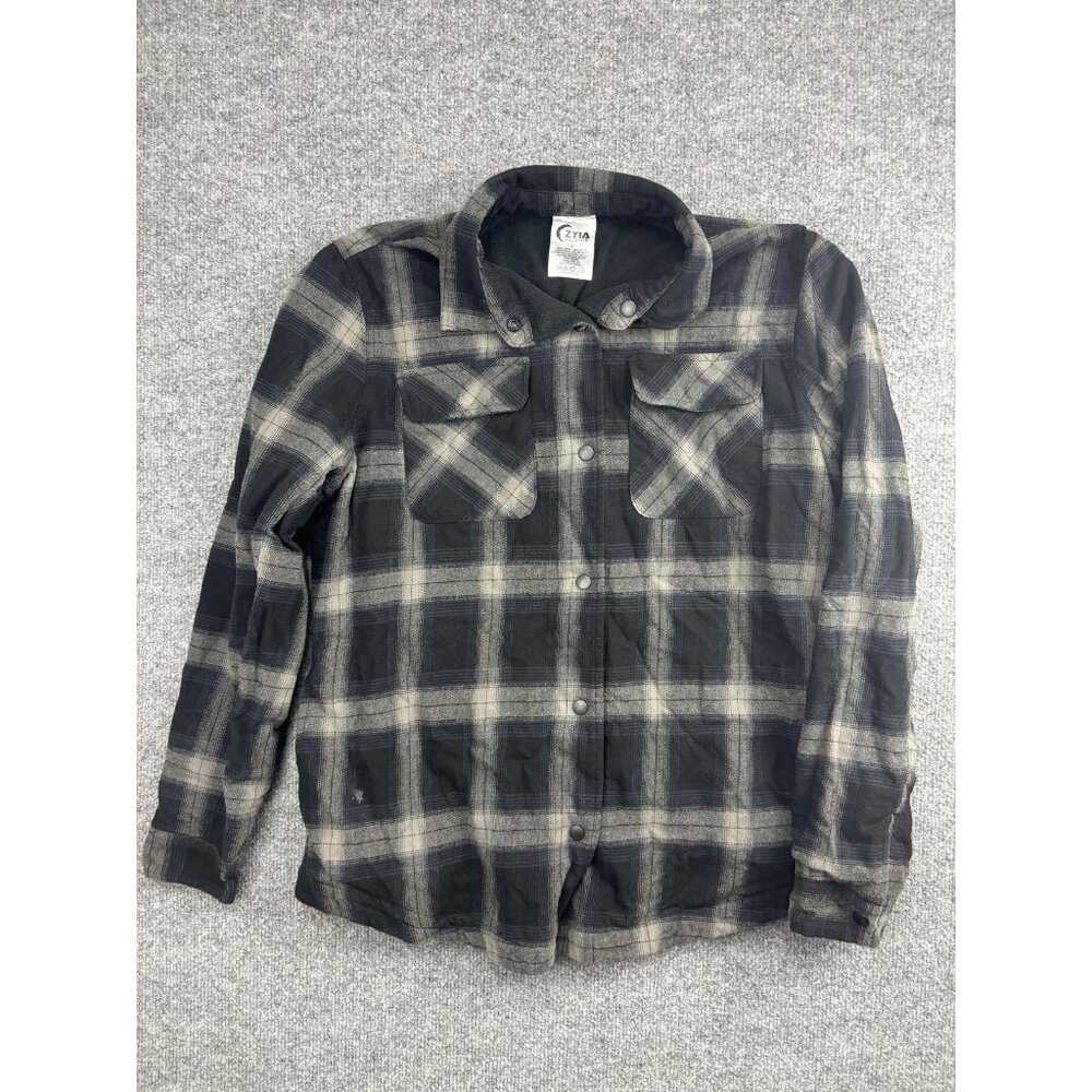 Zyia Active‎ Shirt Mens Large Black Gray Plaid Flannel Fleece Lined Casual Warm